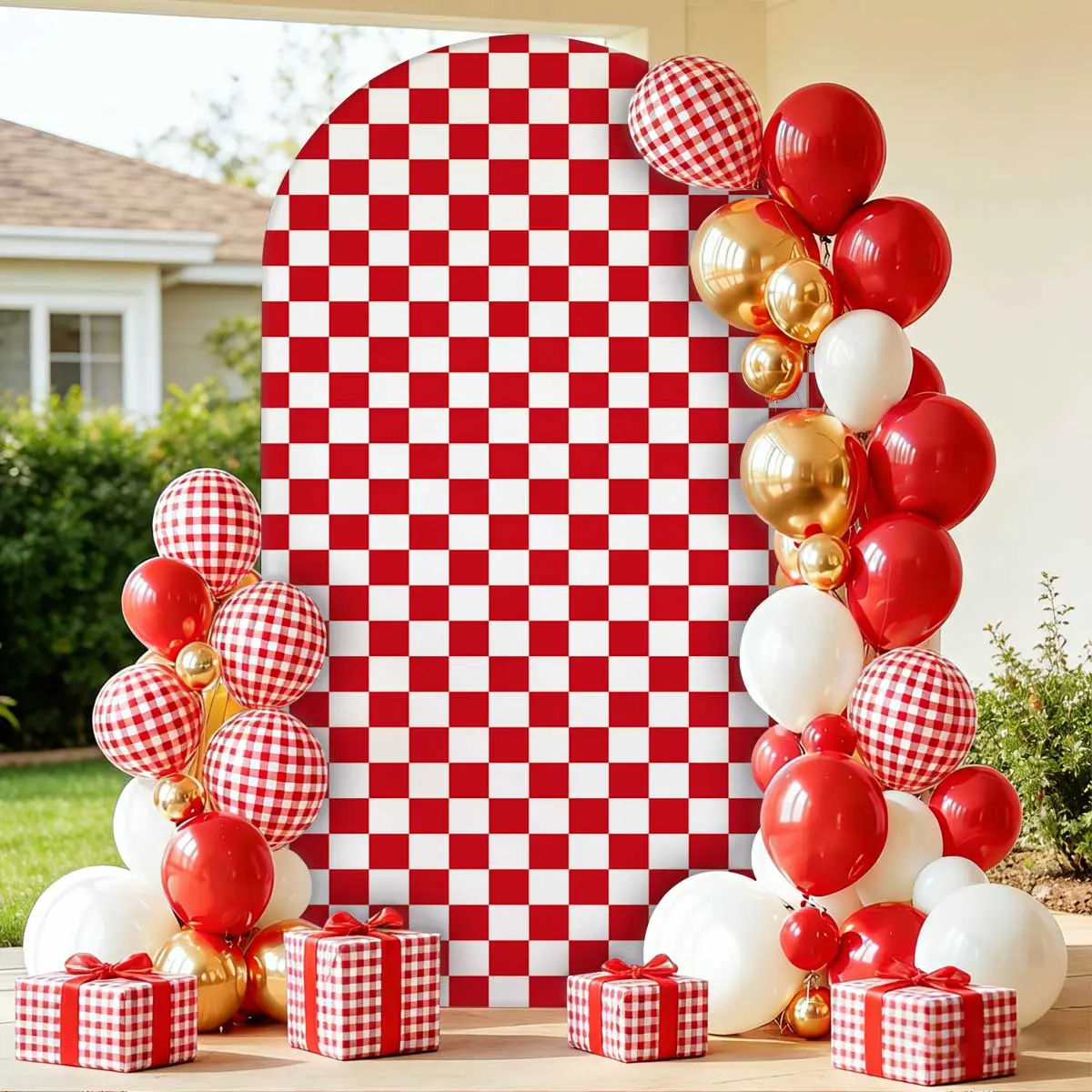 Red White Gingham Arch Backdrop Covers, 6/6.6/7.2 Ft RedStretchy Arch Backdrop Stand Covers, PhotographyBackground White Plaid Arch Stand Covers for WeddingBirthday Baby  Party Decor（without bracket） Happy Birthday Decorations holiday