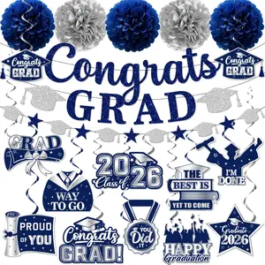 Navy Blue Graduation Decorations, Glitter Congrats Grad Banner Hanging Swirls and Tissue Pom Poms, Navy Blue and Silver Graduation Decorations for Class of 2026 College Graduations Party Decorations