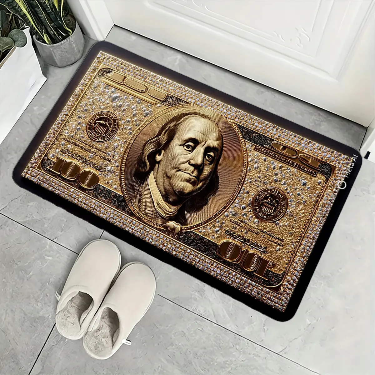 Luxury Dollar Bill Doormat, Funny Money Design Flannel Floor Mat, Gold Bling Cash Print Non Slip Door Mat, Novelty Front Door Rug for Entryway Bedroom Bathroom Home Decor, 16×24in / 20×31in / 24×36in