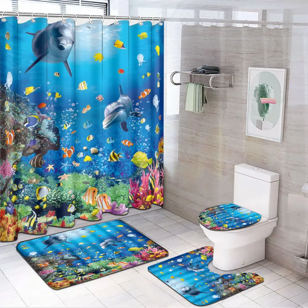1/4Pcs Ocean Dolphin Shower Curtain Set with Rugs,Toilet Lid Cover and Bath Mat,Underwater World Colorful Tropical Fishes Coral in The Deep Sea Reef Bathroom Bathtub Decor with Hooks