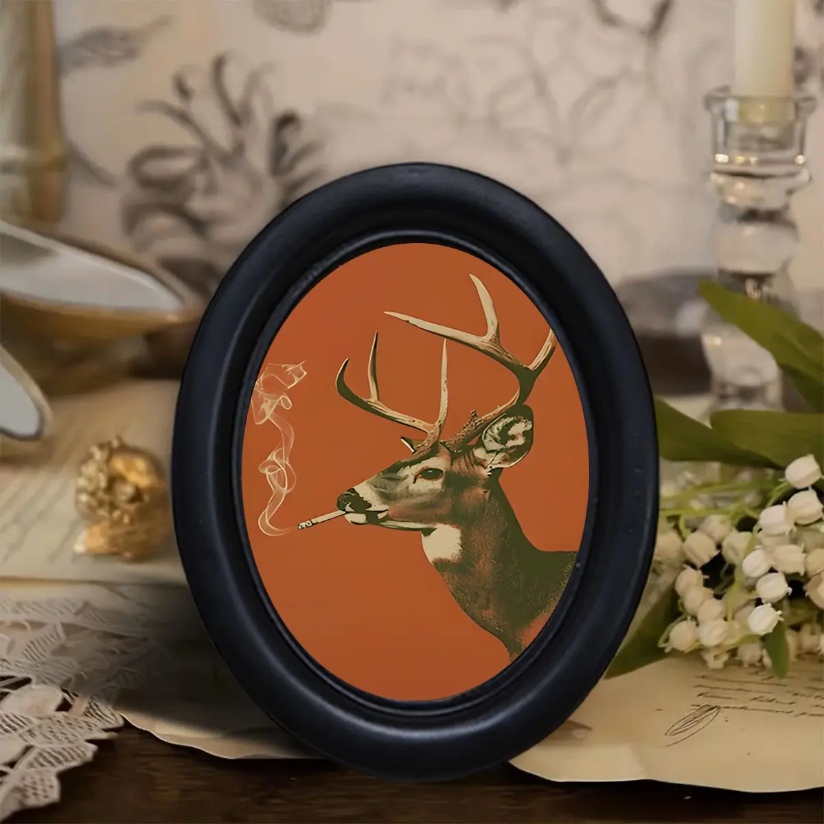 Vintage Oval Frame Smoking Reindeer Wall Art, American Retro Funny Decor, Living Room Entryway Unique Art, Holiday Decoration, Vintage Prints, Wall Decor Pictures, Home Wall Art, Decoration Items