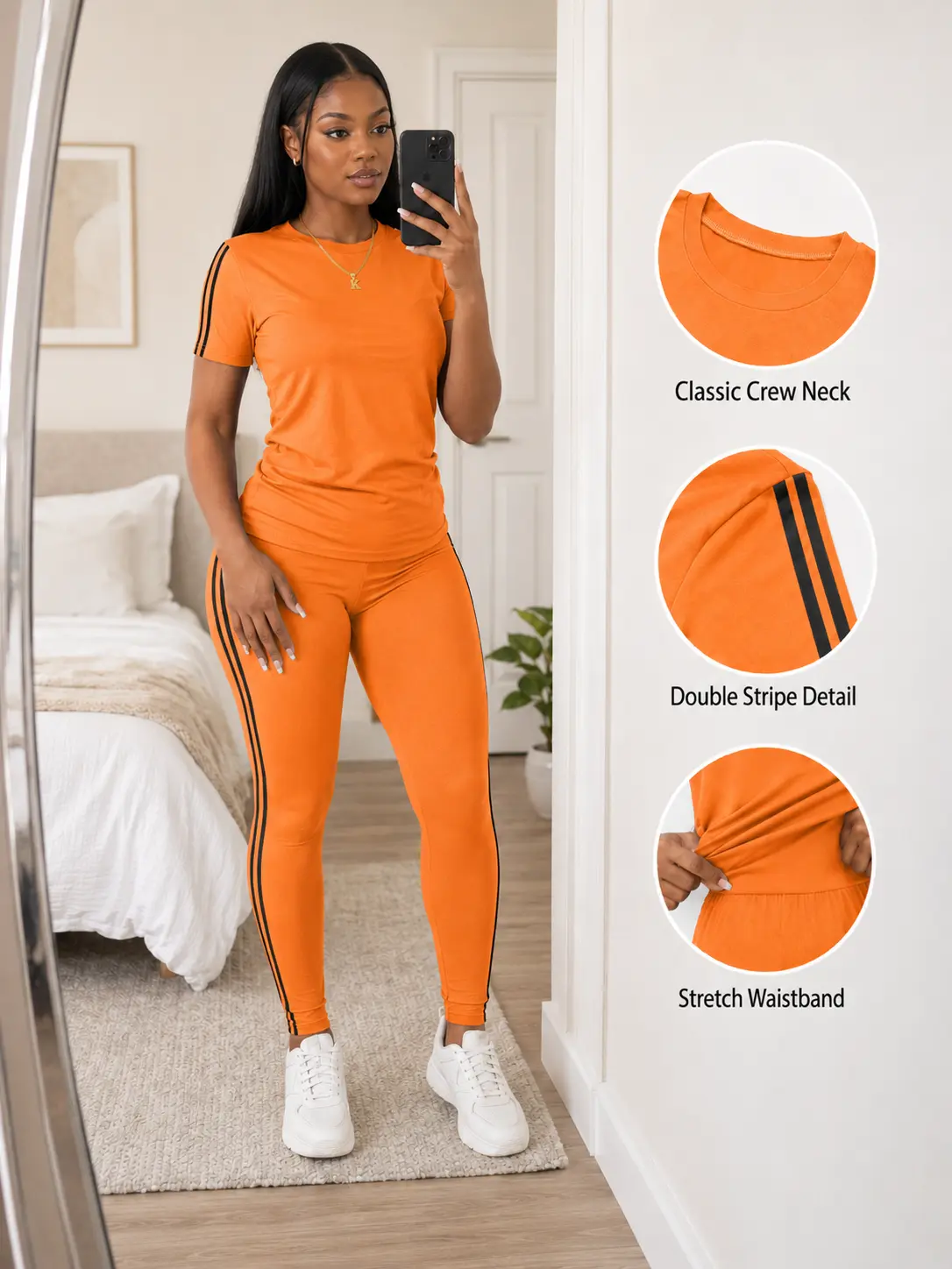 Women's 2-Piece Fitted Knit Polyester Set - Round Neck Short Sleeve Tee, Side Striped Matching Trousers, Casual Summer Sporty Jersey 2 Piece Sets for Women, Women's 2 Piece Set