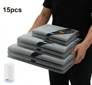 2026 Upgraded Healthy Travel Vacuum Bags 15-Pack PA+PE Eco-Friendly Odorless Compression Bags with 140L/min Cordless Pump 30-Second Fast Compression for 20/24/28 Inch Suitcases Reusable Space Saver for Clothes Organiser