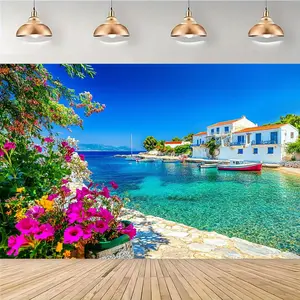 1pc Polyester Reusable Greek Village Samos Greece Spring Beach-Themed Party Background Banner, Seaside Harbor European-Style 2D Flat Party Decoration Supplies, No Power Supply Needed, Suitable for Weddings, Birthdays