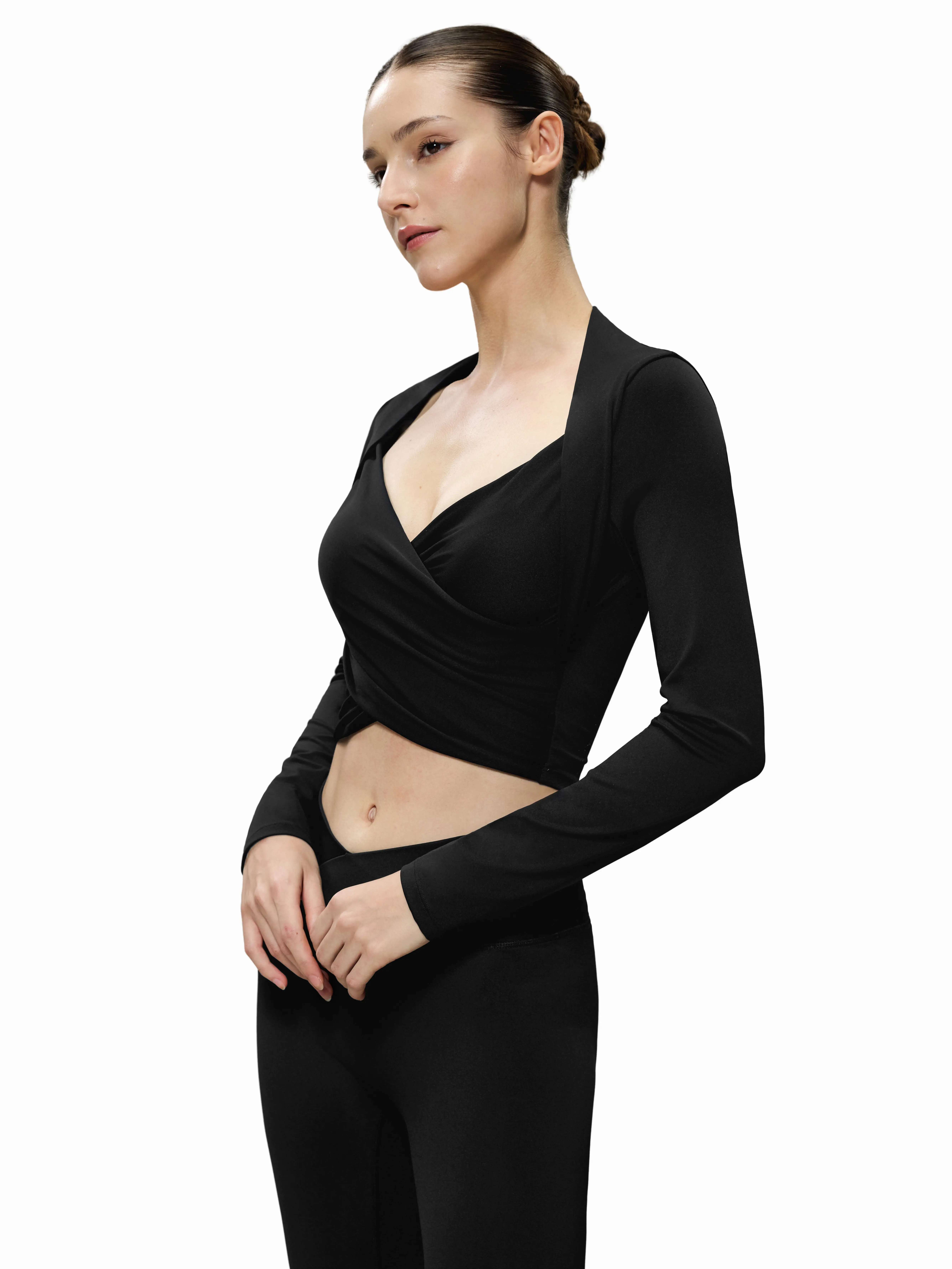 FDR X AOSSIO Women's 2-Piece Yoga Activewear Set, Crossover Wrap Long Sleeve Crop Top & Ruched Front Leggings for Balletcore Workouts