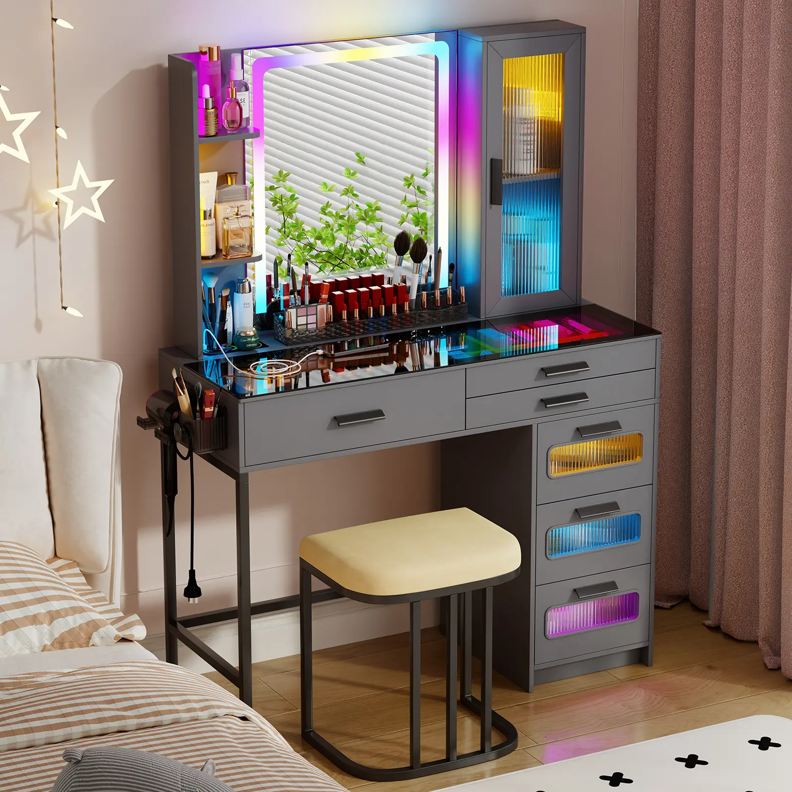 Dystler Makeup Vanity Desk with Mirror and RGB Lights,Glass Top Vanity Table with Wireless Charging & Stool,Vanity Set with 6 Drawers & Storage Cabinet & Makeup Organizer，Bedroom