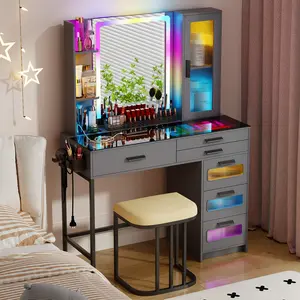 Dystler Makeup Vanity Desk with Mirror and RGB Lights,Glass Top Vanity Table with Wireless Charging & Stool,Vanity Set with 6 Drawers & Storage Cabinet & Makeup Organizer，Bedroom