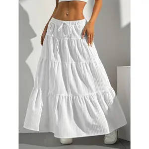 Women's Stylish White Tiered Maxi Skirt with Bow Detail - High-Waisted, Flowy Design, for Spring/Summer/Fall, Casual Polyester Skirt