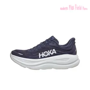 Breathable Navy Blue Knitted Mesh Performance Athletic Trainers Oversized Thick White EVA Midsole White Letter Decor Wear Resistant Rubber Outsole Shock Resistant Cross Country Marathon Running Footwear