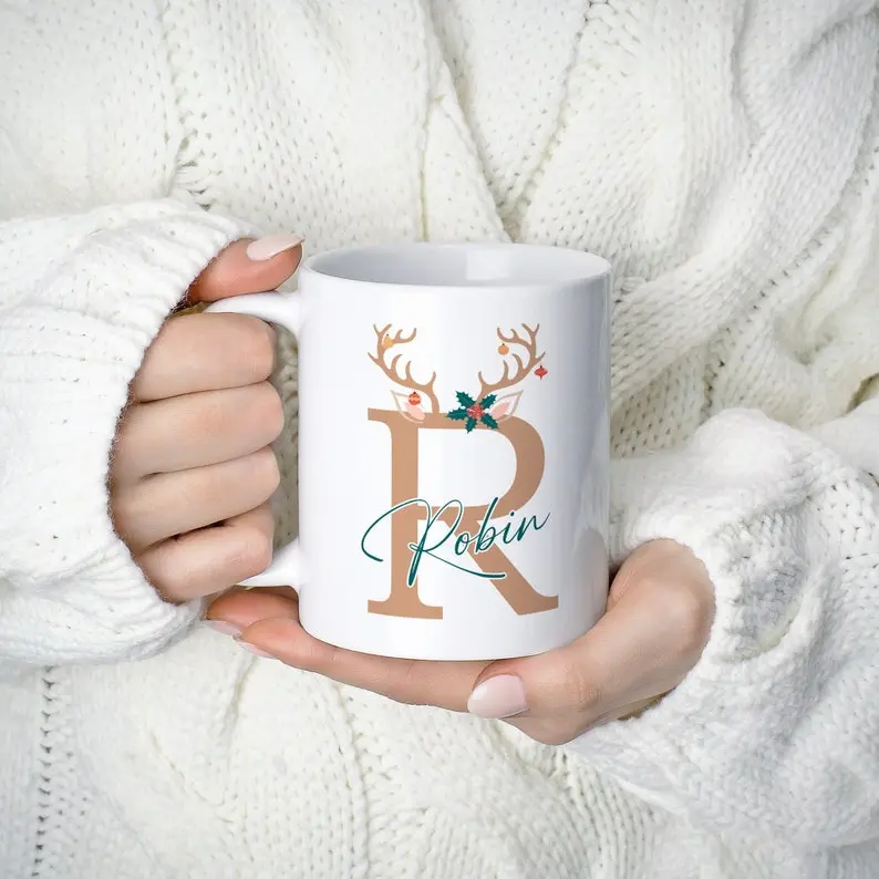 Mug Gift For Christmas, Personalised Reindeer with Initial and Name, Custom Hot Chocolate Mug For Christmas, Christmas Eve Box Gift