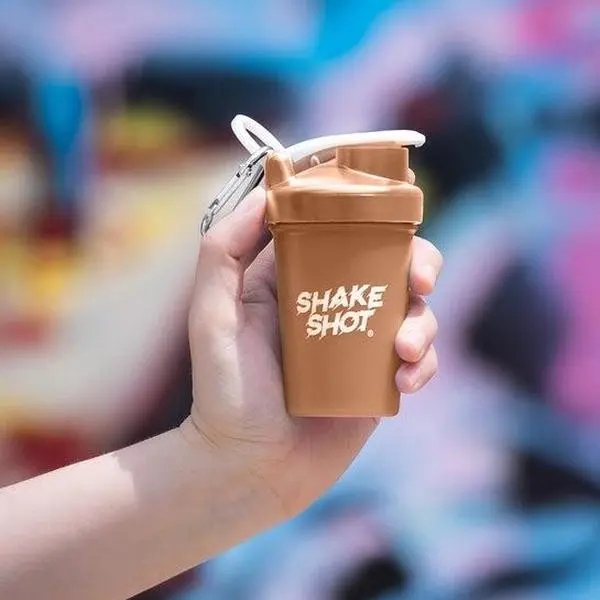 Shake Shot 4 oz Brown Mini Protein Shaker - Gym Bottle, Sports Water Bottle with Flip Lid, Clip, Shaker Ball, Gym Bag Compatible Sports & Outdoor Accessory, Protein Bottles Shakers