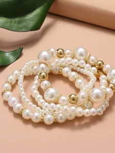 Elegant Vintage Minimalist Women's Ccb Imitation Pearl Beaded Elastic Bracelet Jewelry Set, Heart Element, Perfect for Daily Wear, Gifts, Events