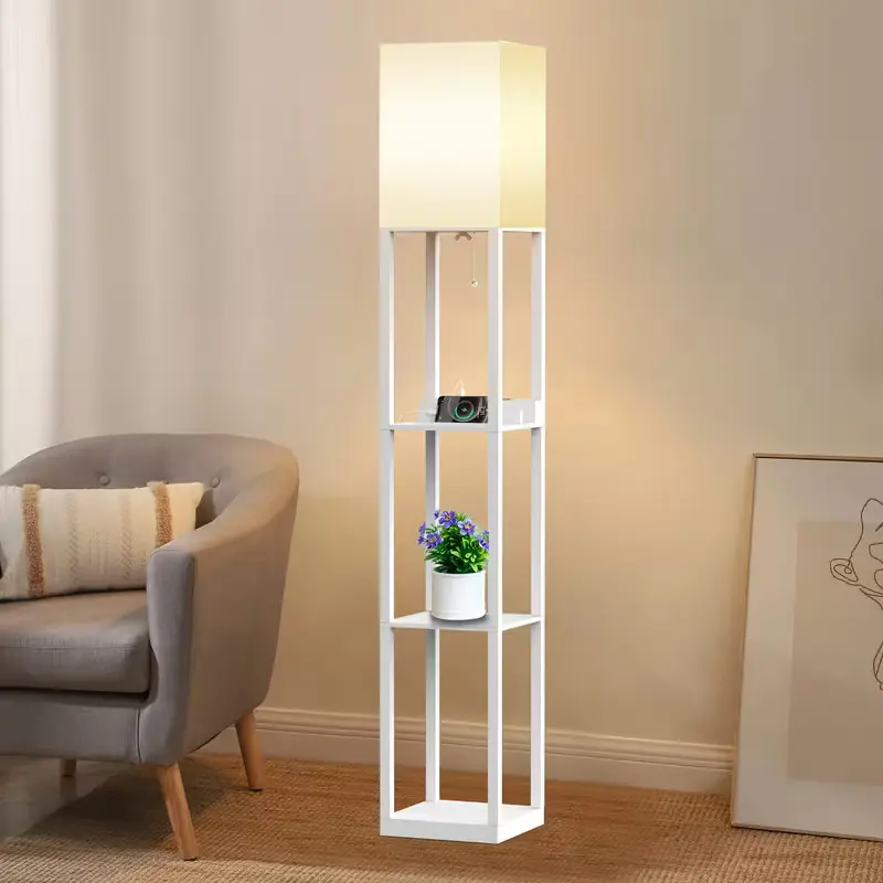 3-Tier Modern Square Bookshelf Floor Lamp with Shelves, Black Indoor Living Room Bedroom Corner Furniture, Includes 3-Color Temperature Bulb