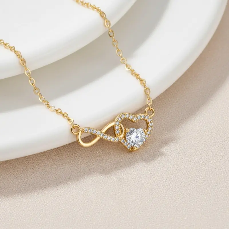 18K Gold Plated Infinity Heart Pendant Necklace, Tarnish Free Cubic Zirconia Eternal Love Dainty Hypoallergenic Gold Necklace Mother's Day Gift For Her Mom