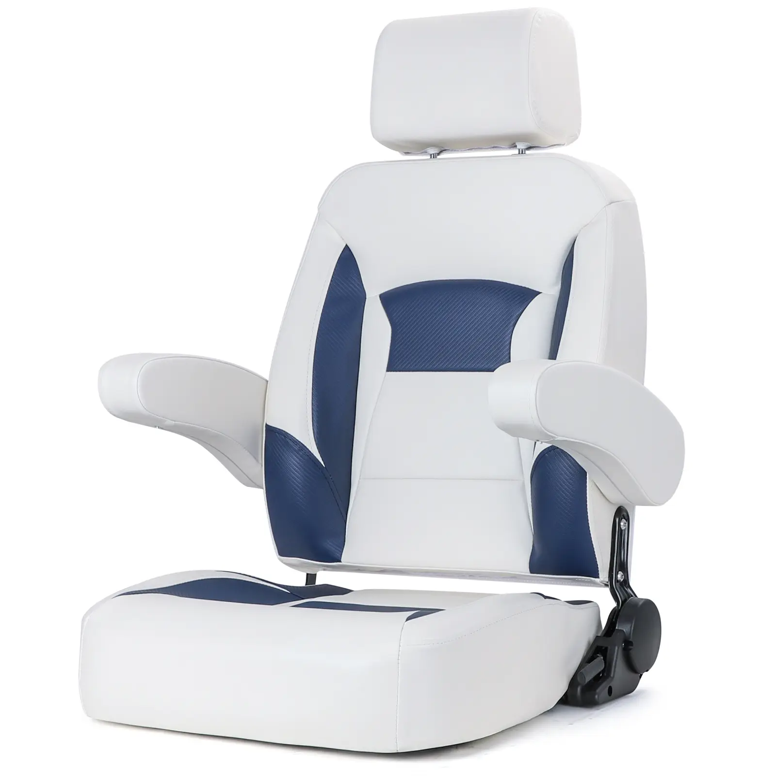 NORTHCAPTAIN Premium Pontoon Captain's Chair High Back Reclining Pontoon Bucket Boat Seat with Armrests and Adjustable Headrest, White/Navy Blue