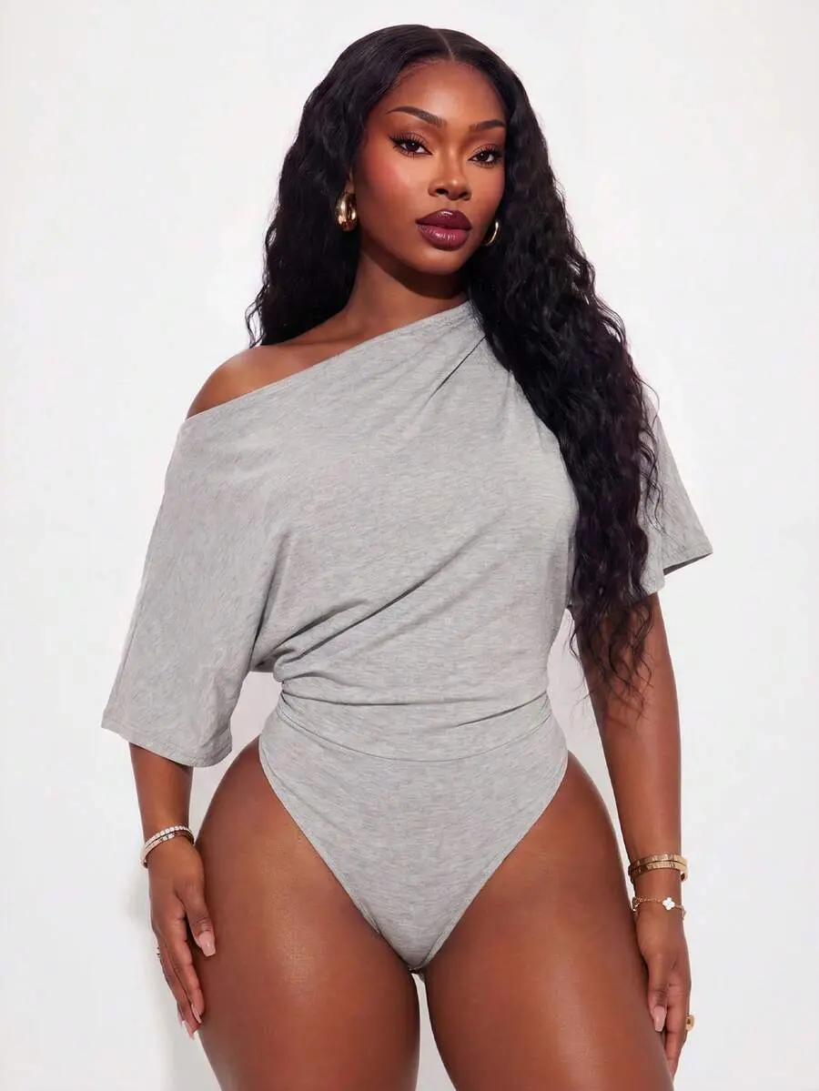 Women's Casual Sexy Off-Shoulder Asymmetric Bodysuit, Suitable For Leisure, Daily Wear, Versatile, Street Style, Spring/Summer