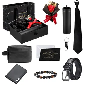 10 Pcs Men Birthdays Gift Set with Box for Men Skinny Acrylic Tumbler with Lid PU Leather Wallet Tie Belt Keychain Bouquet Bracelet Toiletry Bag Greeting Card Set(Dad)