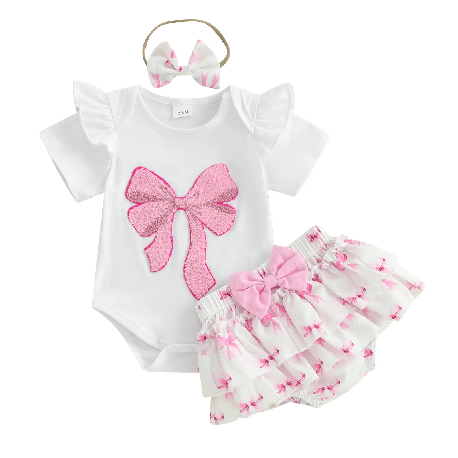 [Lullaby] Baby Girls 3Pcs Summer Outfit Short Sleeve Bow Embroidery Romper + Shorts + Headband Set Infant Clothes