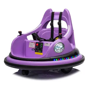 12V 2WD Round Shape Kids Electric Ride On Bumper Car, 25.59x25.59x19.29 in Polyethylene Build, 360° Spin, Rechargeable Battery, Parental Remote Control, LED Lights, Bluetooth Audio, Anti-Collision Padding, 5-Point Safety Belt for Ages 1.5+