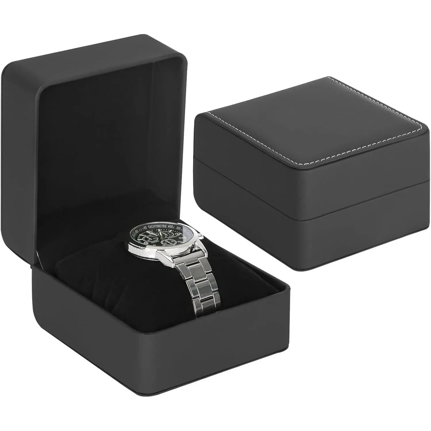 Luxury PU Leather Single Watch Case - Wristwatch Storage with Removable Pillow, Travel Gift Box, Jewelry Organization Holder for Men and Women (Black)