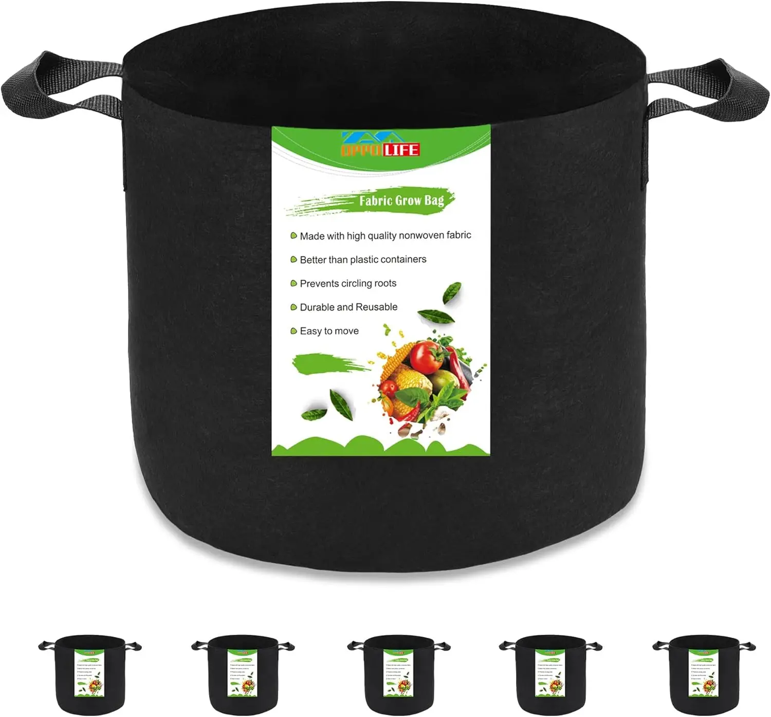 Limited + Deal 5-Pack 5 Gallon Plant Grow Bags made from heavy-duty aeration fabric to promote healthier and growth. Durable, breathable, and reusable with sturdy handles for easy moving—perfect for vegetables, flowers, and indoor or outdoor gardening.