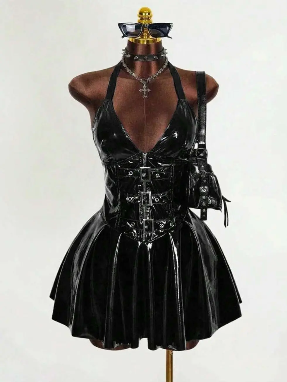 Women's Black Goth PU Patent Leather V-Neck Backless Dress, Punk Fitted Waist Wide Skirt, Summer Club Night Out Streetwear Party Costume