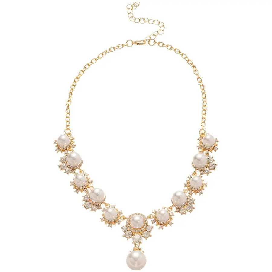 French Vintage Luxury Round Faux Pearl & Shiny Rhinestone Necklace Adjustable Chain Women Formal Occasion Statement Jewelry