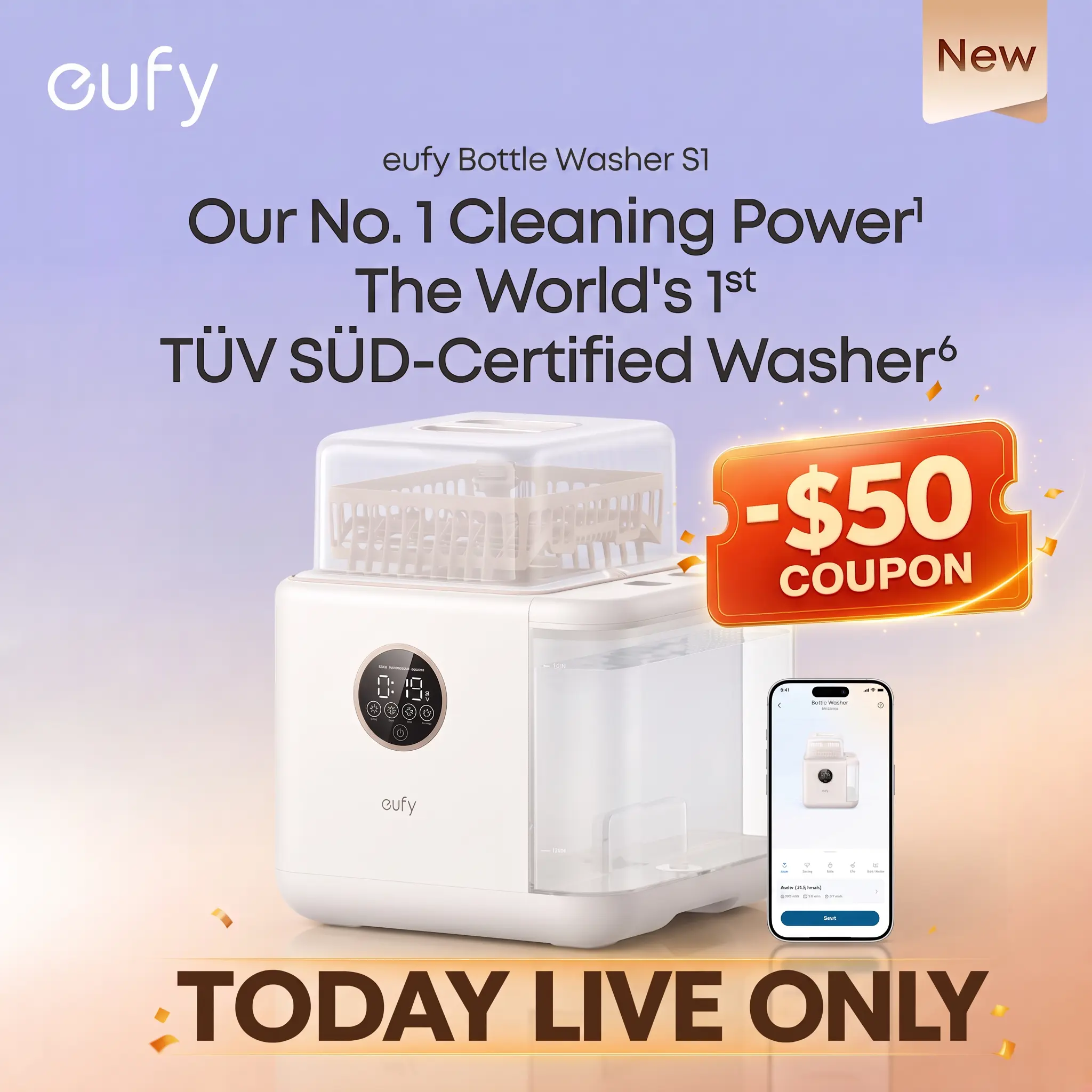 NEW eufy S1 Bottle Washer, All-in-One 3D HydroBlast Washer, 212°F Steam Sterilizer & Thoroughly Fast Dryer, Largest 10-Bottle Capacity, Smart App Control, Hands-Free