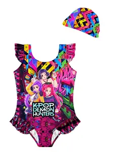 ✨Trendy Street Style Kids Swimsuit, Graffiti Idol Girl Group Print Ruffle Sleeve, Perfect for Pool & Beach Fun