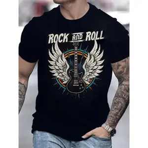 Men's Rock Band Graphic T-Shirt With Guitar Print And Stretch Polyester Fabric For Casual Streetwear And Summer Style