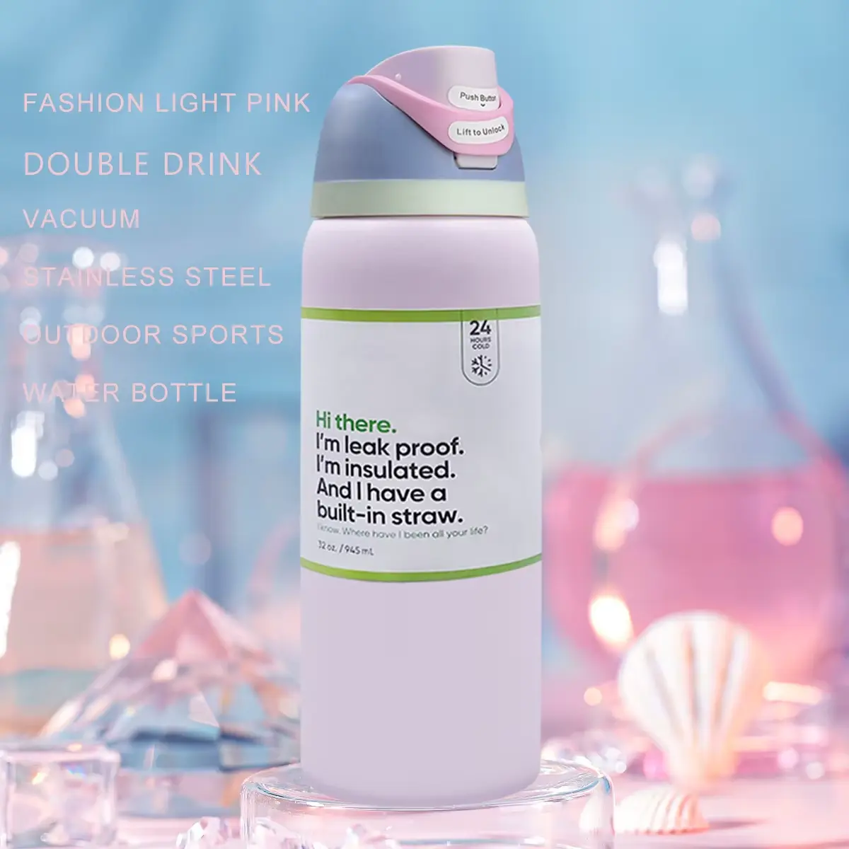 Owalaa Pink Water Bottle 32Oz,945Ml,With Straw,Freesip,Heat Preservation Time More than 24 Hours,Cold and Hot Water Can Be NONE