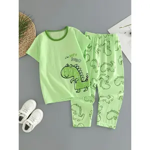 Boys' thermal underwear set with cartoon green dinosaur print design, the fabric is comfortable and soft, not easily deformed