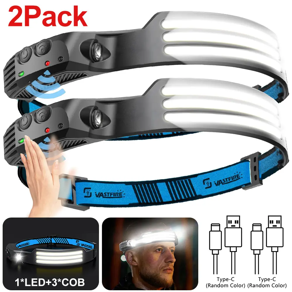 VASTFIRE Headlamp, Head Lamp Led Rechargeable 5 Modes 1*LED+3*COB White Lights 230° Lighting Width Motion Sensor Red Tail Light For Camping Fishing Running Repairation, LED-Headlamp Rechargeable Light Multifunctional Flashlight,Dealsforyoudays