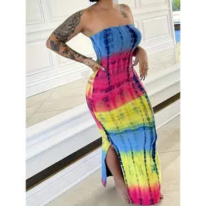 Tie Dye Split Hem Tube Dress, Casual Maxi Length Strapless Slim Dress, Women's Clothing Fabric Womenswear Collar Multicolor Summer Elegant Ombre Chic