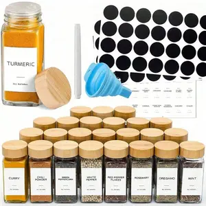 Bamboo Lid Glass Spice Jar with Labels & Funnel & Pen & Brush, 1 Set Empty Storage Container for Spices Seasonings, Kitchen Seasoning Container for Dining Room Picnic Barbecue