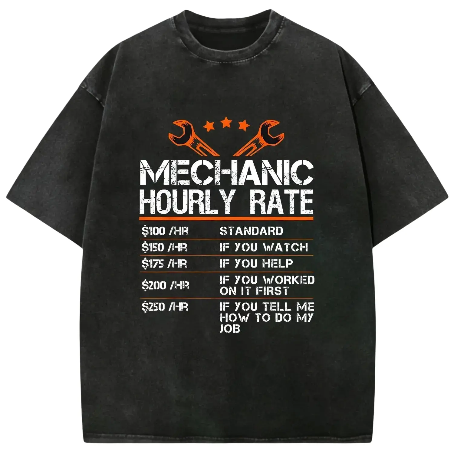 Men's Short-Sleeve 100% Cotton Unisex Blue Mechanic Graphic Tee - Crossed Wrenches, Hourly Rate Price List Print, Funny Vintage Washed Oversized, Blue Collar Auto Mechanic Father’s Day Gift Streetwear Top