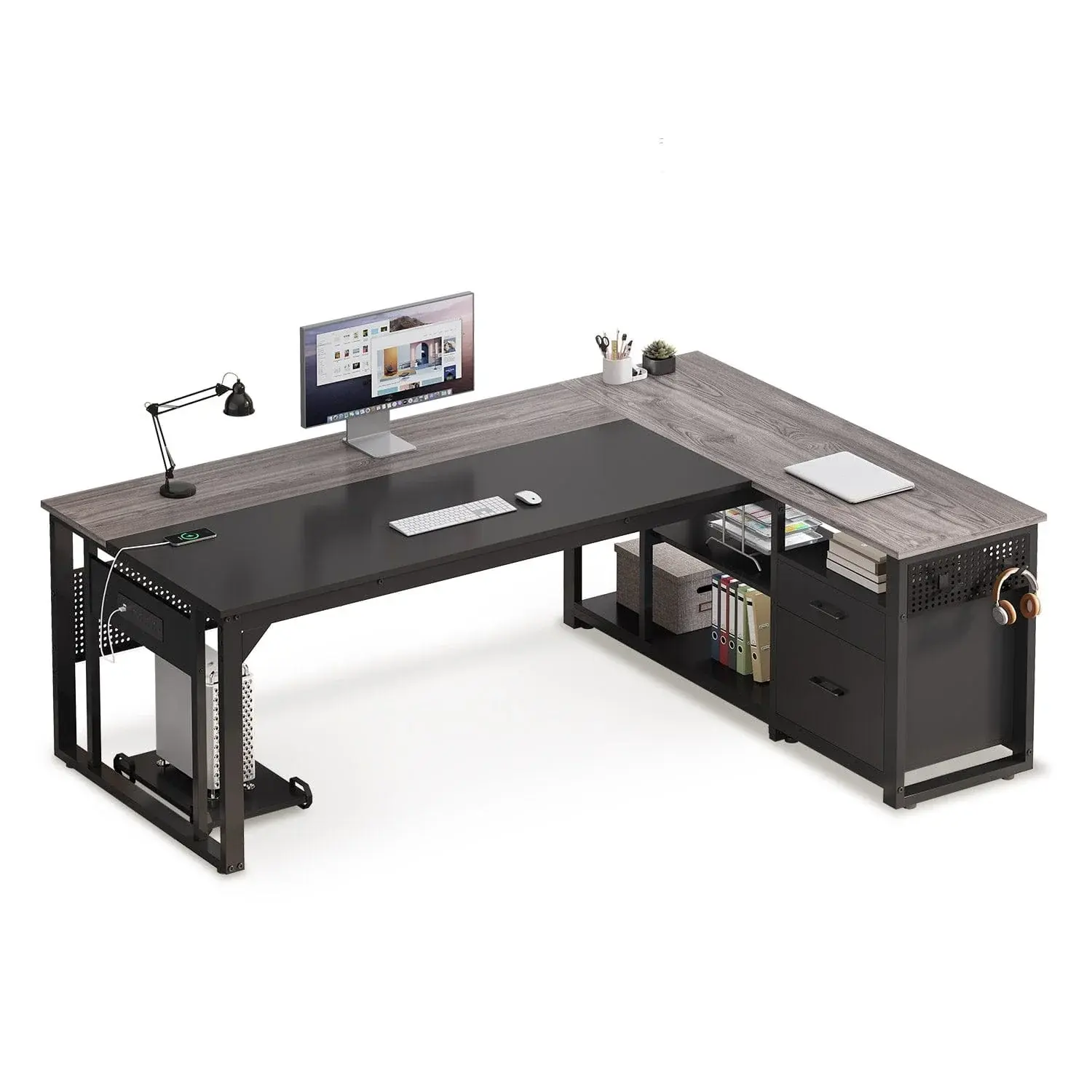 71 in Reversible L Shaped Executive Desk with Power Outlets Grey