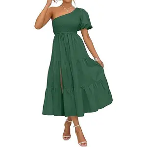 ZESICA Women's Boho One Shoulder Midi Dresses 2026 Summer Short Sleeve Smocked Split Ruffle Flowy Beach Vacation Dress