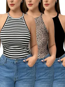 [Plus Size] Striped Print Ribbed Basic Tank Top, Casual Fitted Sleeveless Top for Daily Wear, Women's Plus Clothing for Spring & Fall