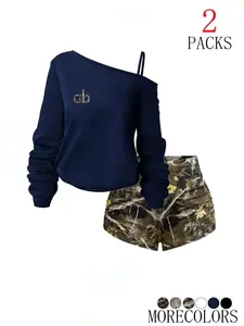 Women's Retro Slim-Fit Letter Pattern Top & High Waist Shorts Set, Spring Fall Casual, Comfortable Daily Wear