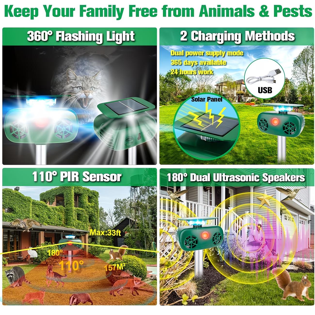 Soundwave technology Animal Repeller, 5 Modes Solar Powered Animal Deterrent with Motion Sensor And Flashing Light Squirrels, Deer Repellent Devices, Rabbit, Fox, Raccoon for Yard Farm Garden