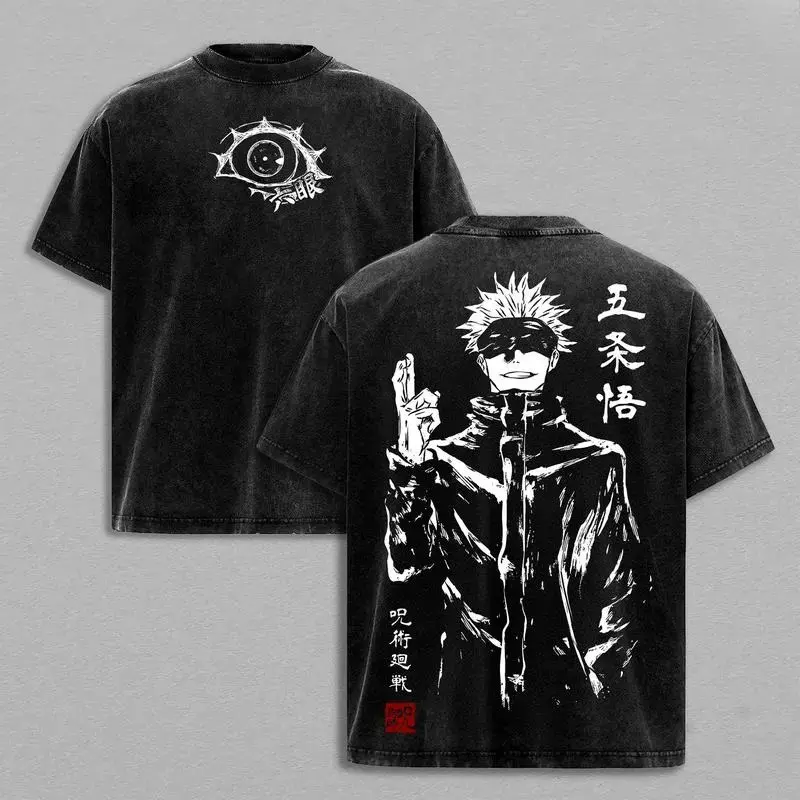 Men's Stylish Round Neck Graphic T-Shirt - Vintage Washed Heavy Cotton Jujutsu Kaisen Gojo Satoru Menswear, Seamless Ribbed Oversized Double-Printed Unisex Fan Streetwear, Soft, Classic