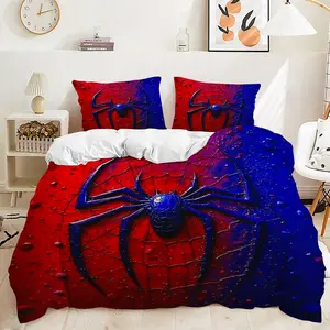 2/3Pcs Bold Spider Logo Duvet Cover Set, Bed Sets Supplies, Metallic Design Bedding Set with Eye-Catching Red and Blue Web, Bedroom Decor for Superhero Fans, Perfect for Kids and Teens Includes 1 or 2 Pillowcase - No filling/Zipper Closure