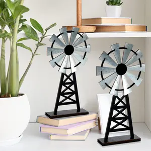 Rustic Farmhouse Windmill Table Decor Set of 2 Wooden Miniatures in Distressed Black Grey Finish for Kitchen Living Room Office Aesthetic Home Decor