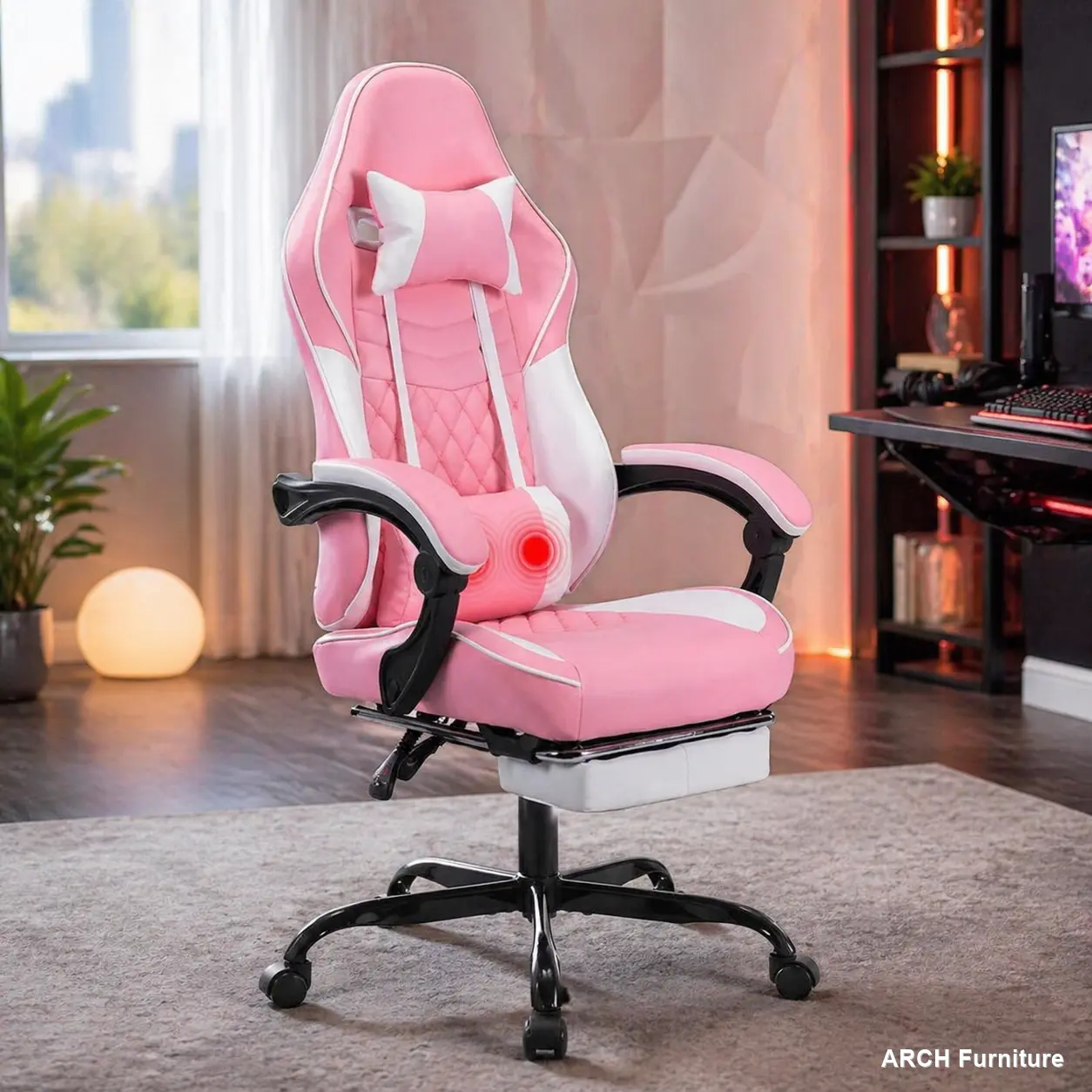 ARCH Ergonomic Racing Style Gaming Chair with Massage Lumbar Support and Retractable Footrest, Adjustable Headrest and Armrests, High Back Computer Desk Chair for Adults, Pink White Video Gamer Chair for Home Office or Bedroom, Single Pack