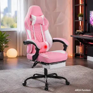 Ergonomic Arch Racing Style High Back Gaming Chair for Adults - Massage Lumbar Support, Adjustable Headrest, Footrest, Quick Setup, 90°-135° Recline, Pink White