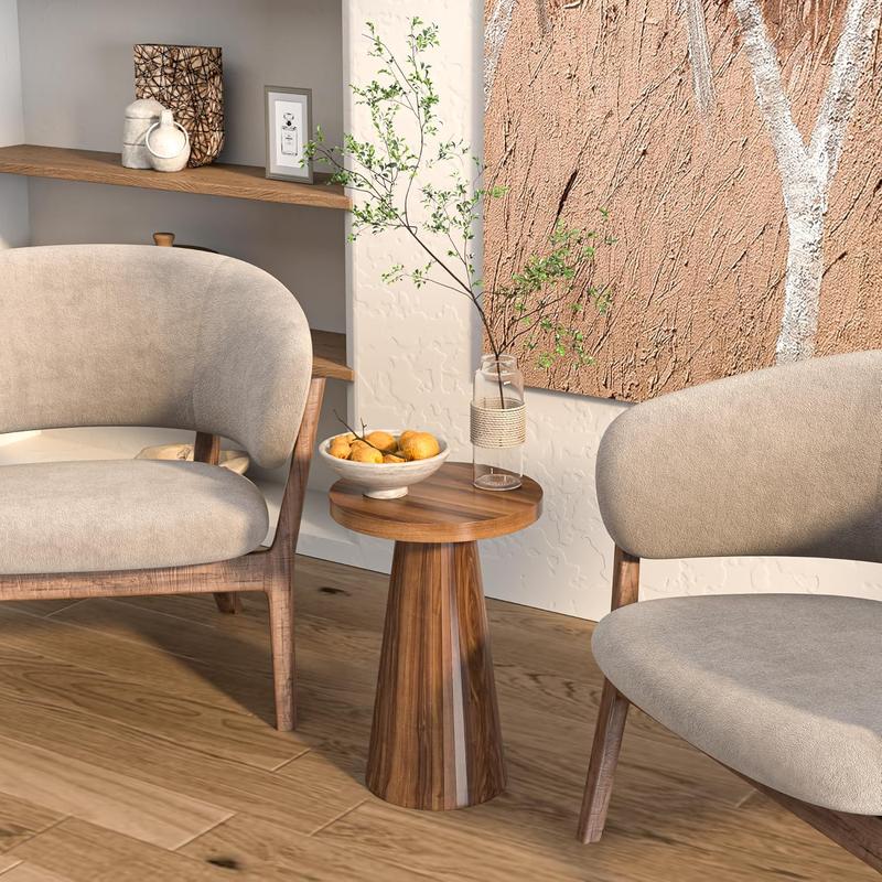 Round Fluted Accent End Table, Drink Small for Living Room, Mid Century Modern Night Stand, Circle Bedside Table, Wood Nightstands for Bedroom