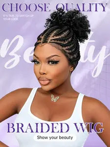 6 Inch Full Lace Pre Braided Wig, Cornrow Braids & Fluffy Afro Puff Bun, Totally Head-Turning, Stylish Hair Accessory