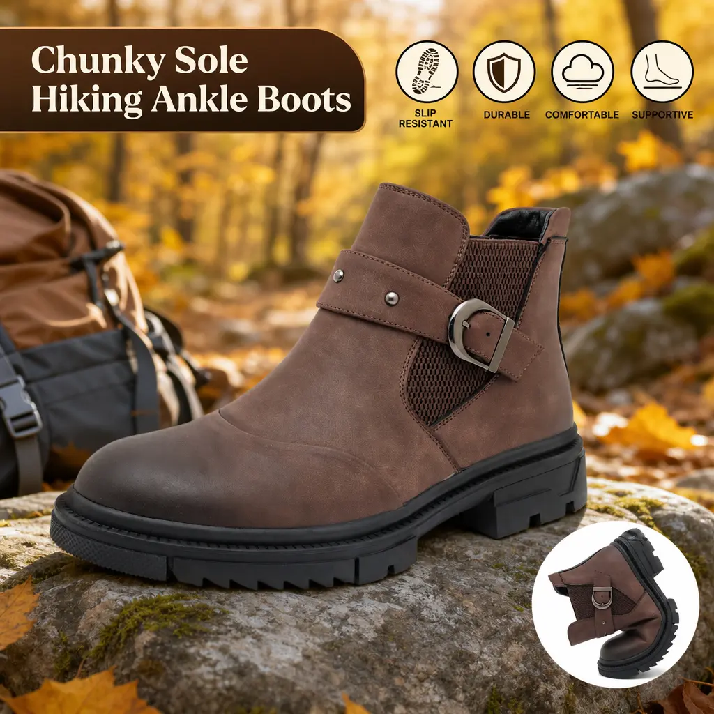 Men’s buckle thick-soled barefoot boots with elasticated ankle fit, outdoor travel and everyday wear, workwear short boots