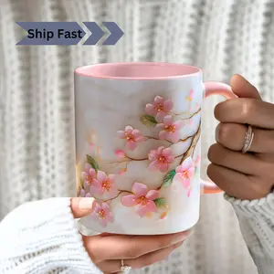 3D Print Sakura Mug Floral Ceramic Tea Cup, Flower Mug, Ceramic Coffee Mug (11Oz-15Oz)